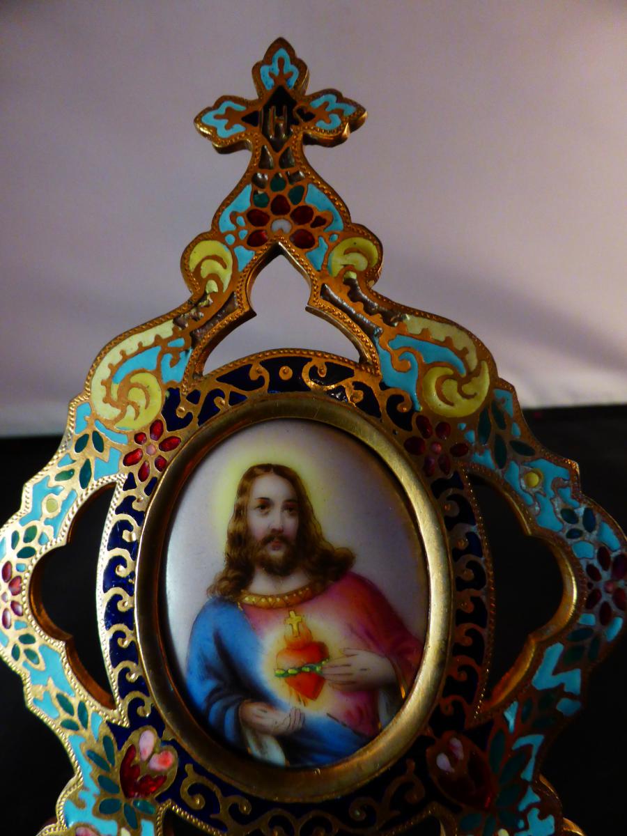 Oratoire De Chevet Cloisonne Champleve Porcelaine Peinte-photo-4