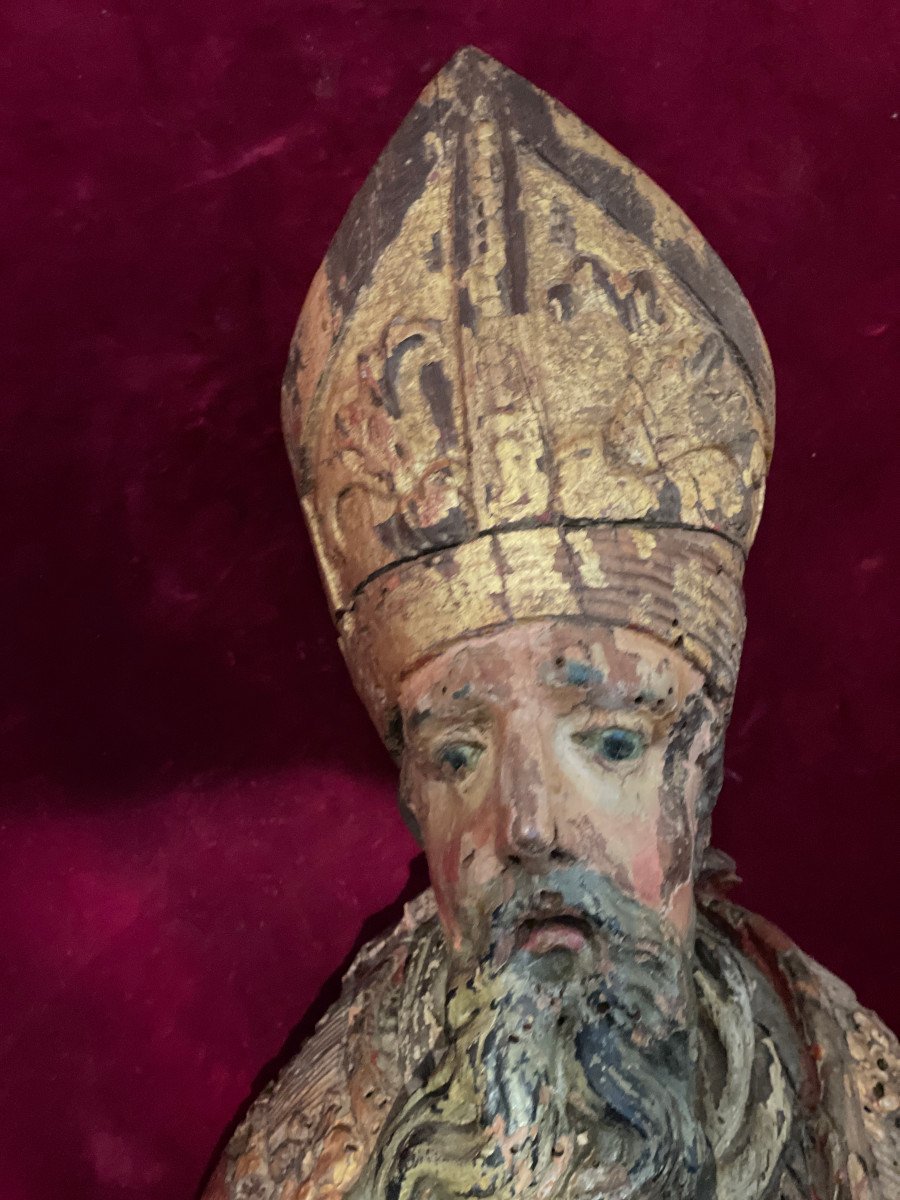 Bust Of Bishop Polychrome 17th Century-photo-3