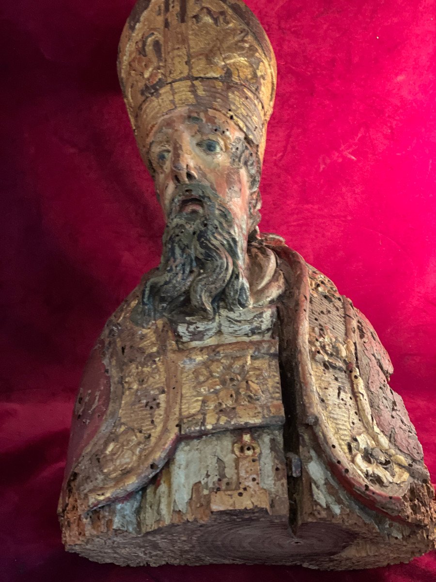 Bust Of Bishop Polychrome 17th Century-photo-4