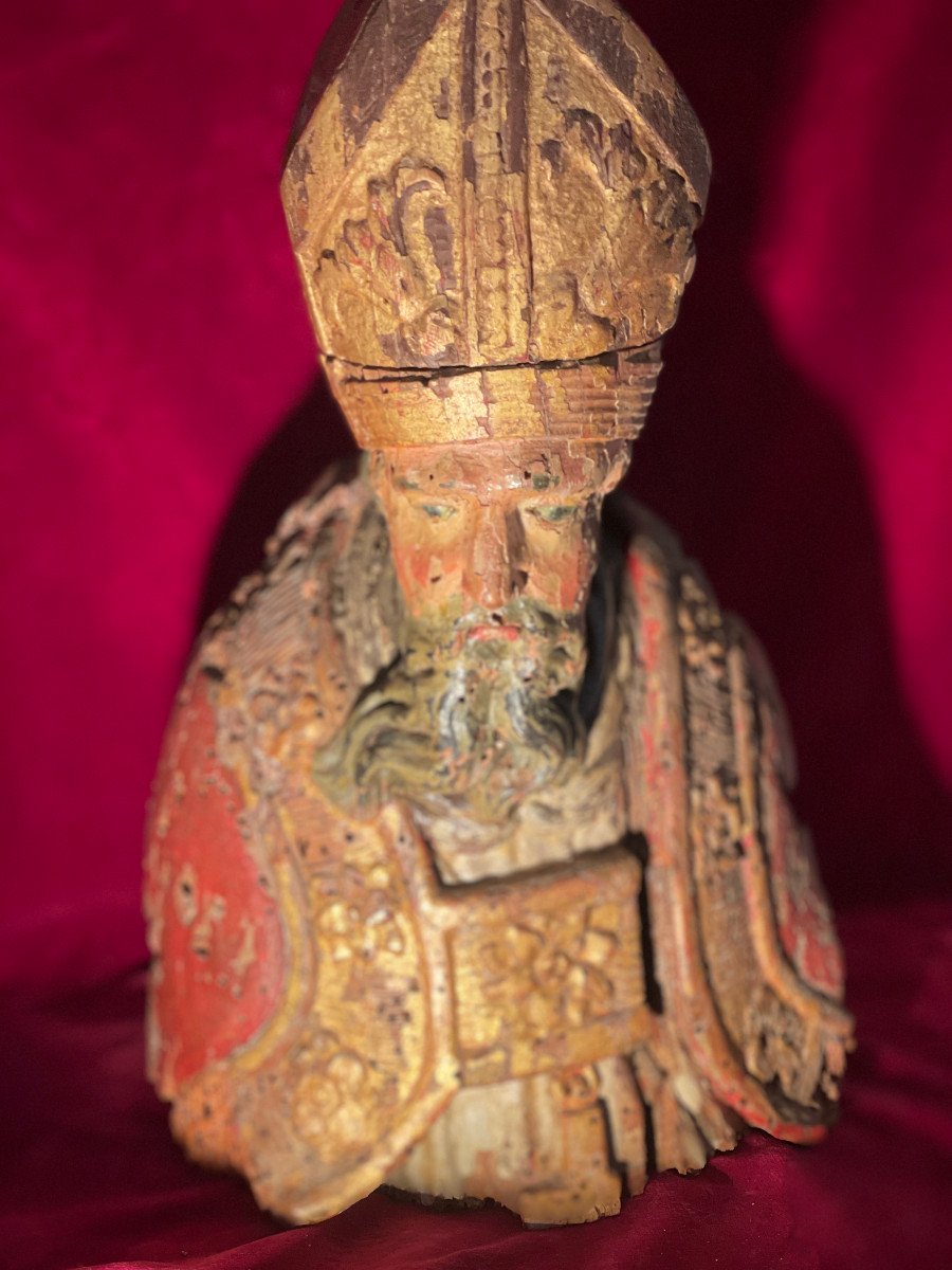 Bust Of Bishop Polychrome 17th Century-photo-1