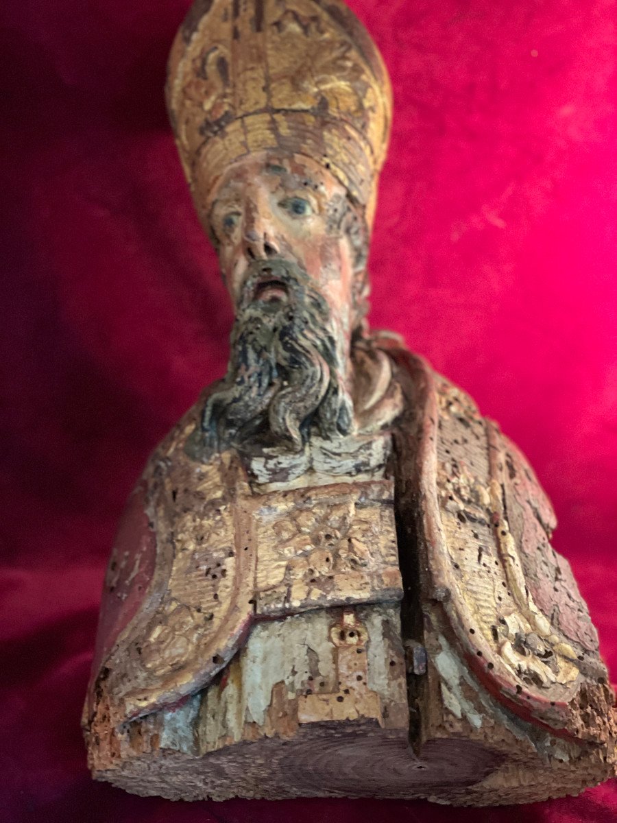 Bust Of Bishop Polychrome 17th Century-photo-3