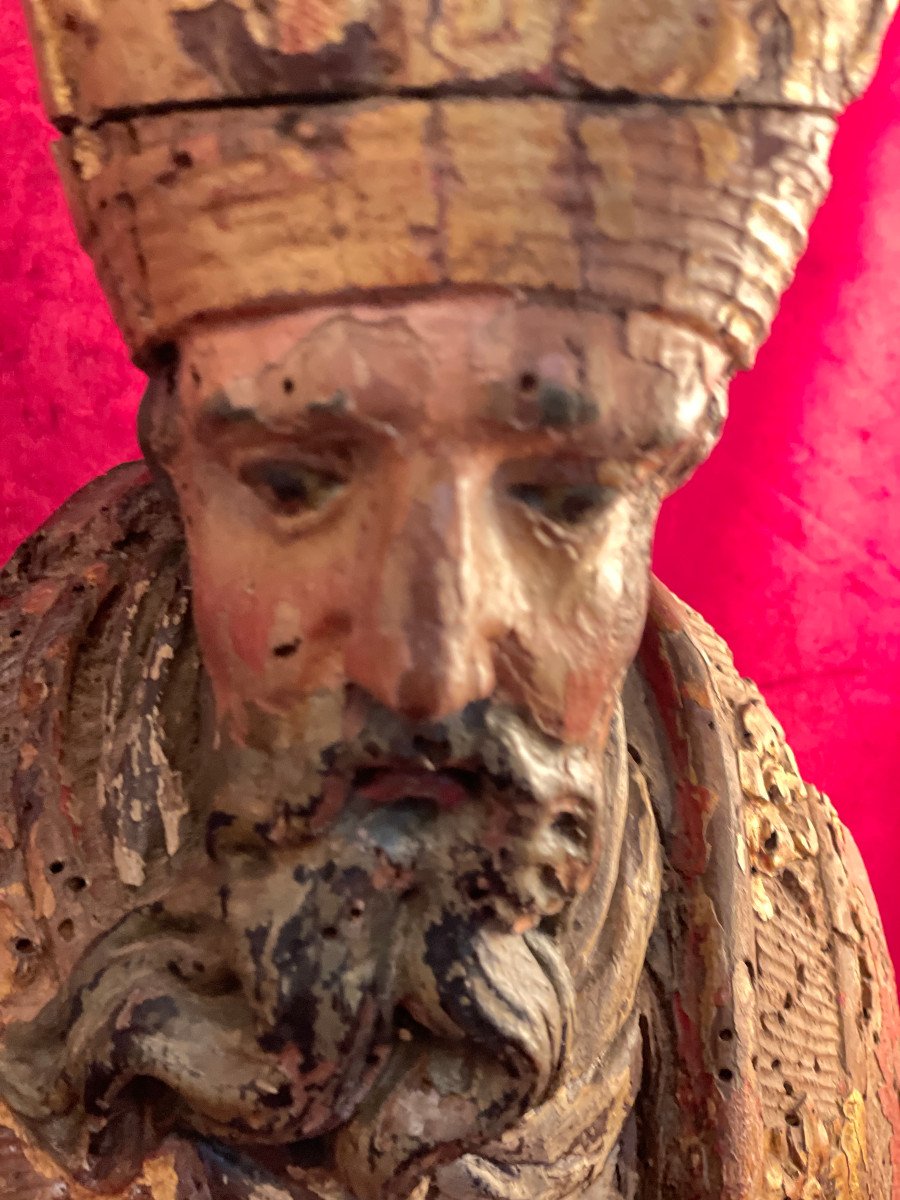Bust Of Bishop Polychrome 17th Century-photo-6