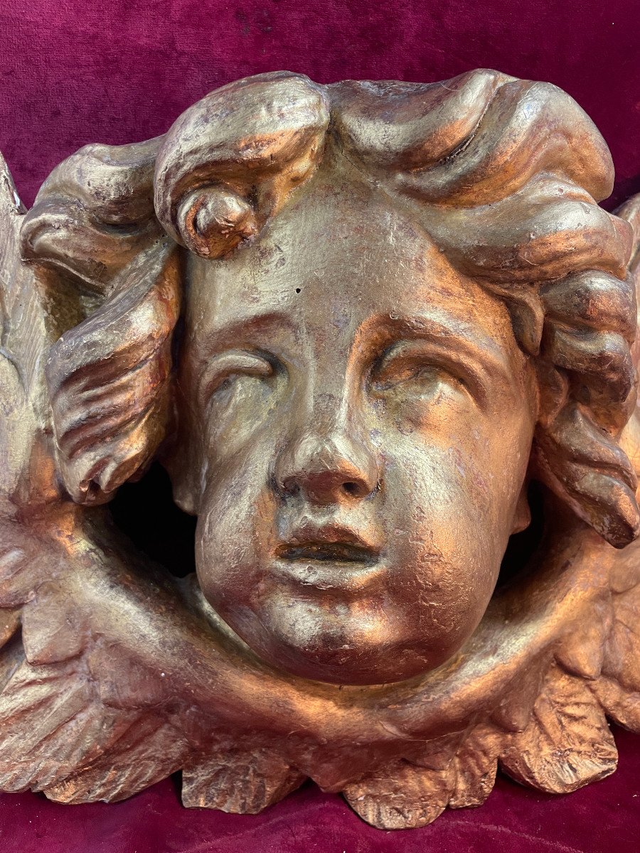 Large Carved And Gilded Wood Angel Head-photo-2