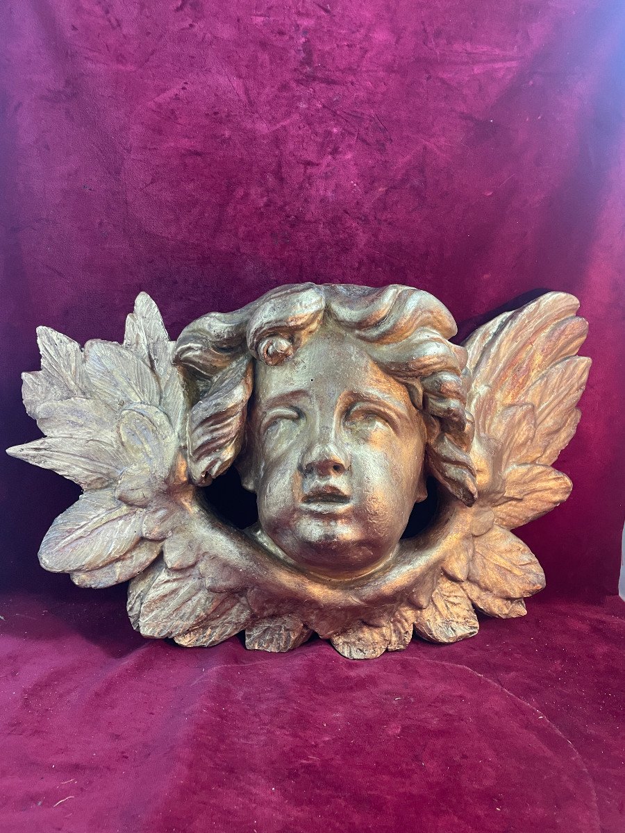 Large Carved And Gilded Wood Angel Head-photo-2