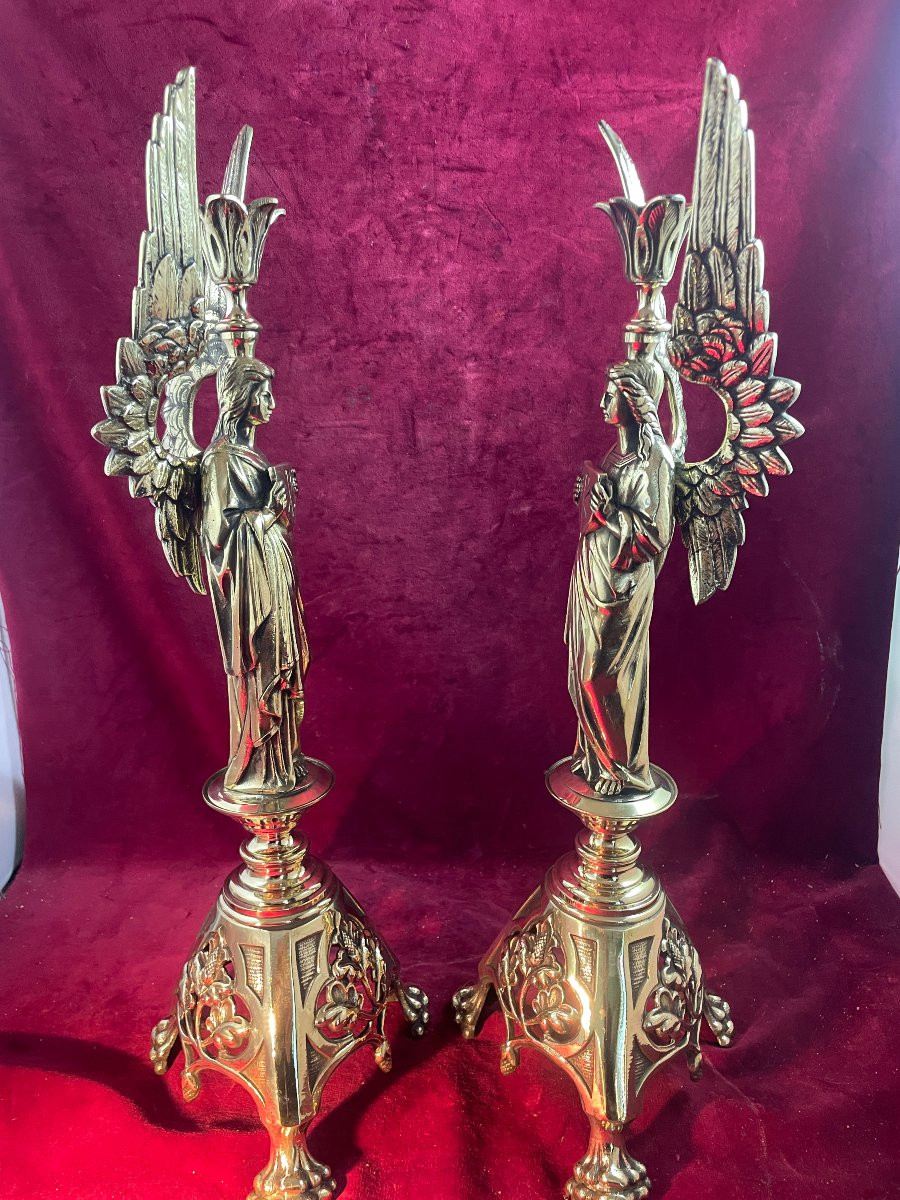 Chandeliers D Autel Bronze Dore Anges Paire-photo-4