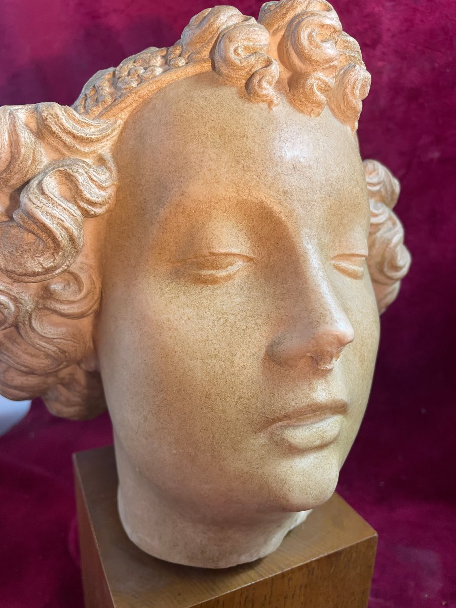 Ange Tete En Pierre Sur Socle Bois-photo-1