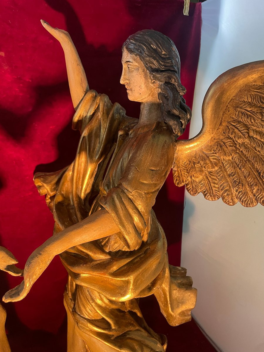 Pair Of Polychrome Wooden Angels, 18th Century-photo-2