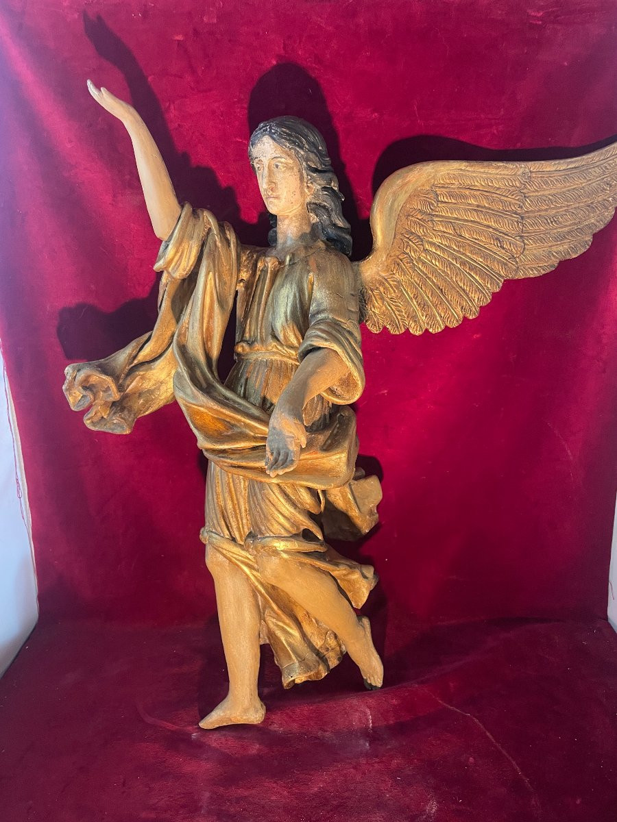 Pair Of Polychrome Wooden Angels, 18th Century-photo-4