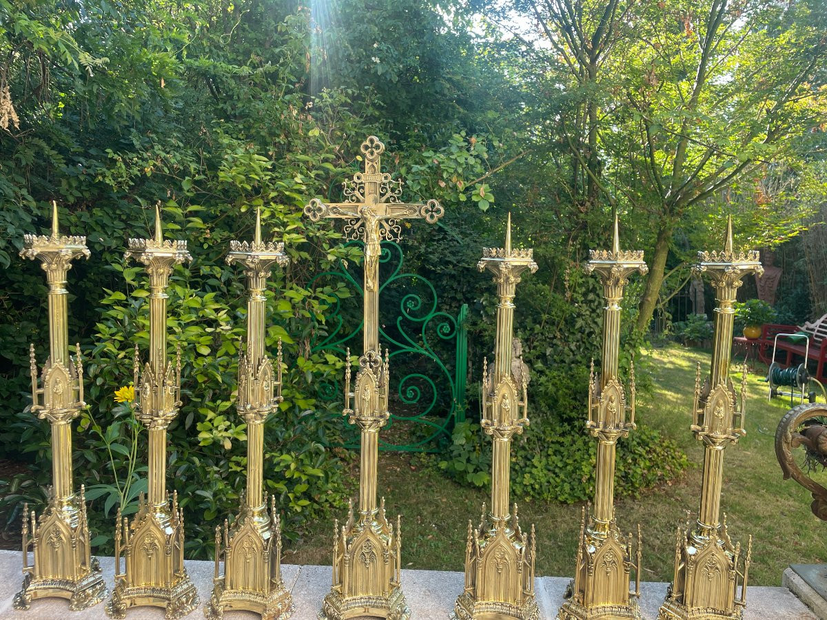 Complete Neo Gothic Gilt Bronze Altar Set-photo-2