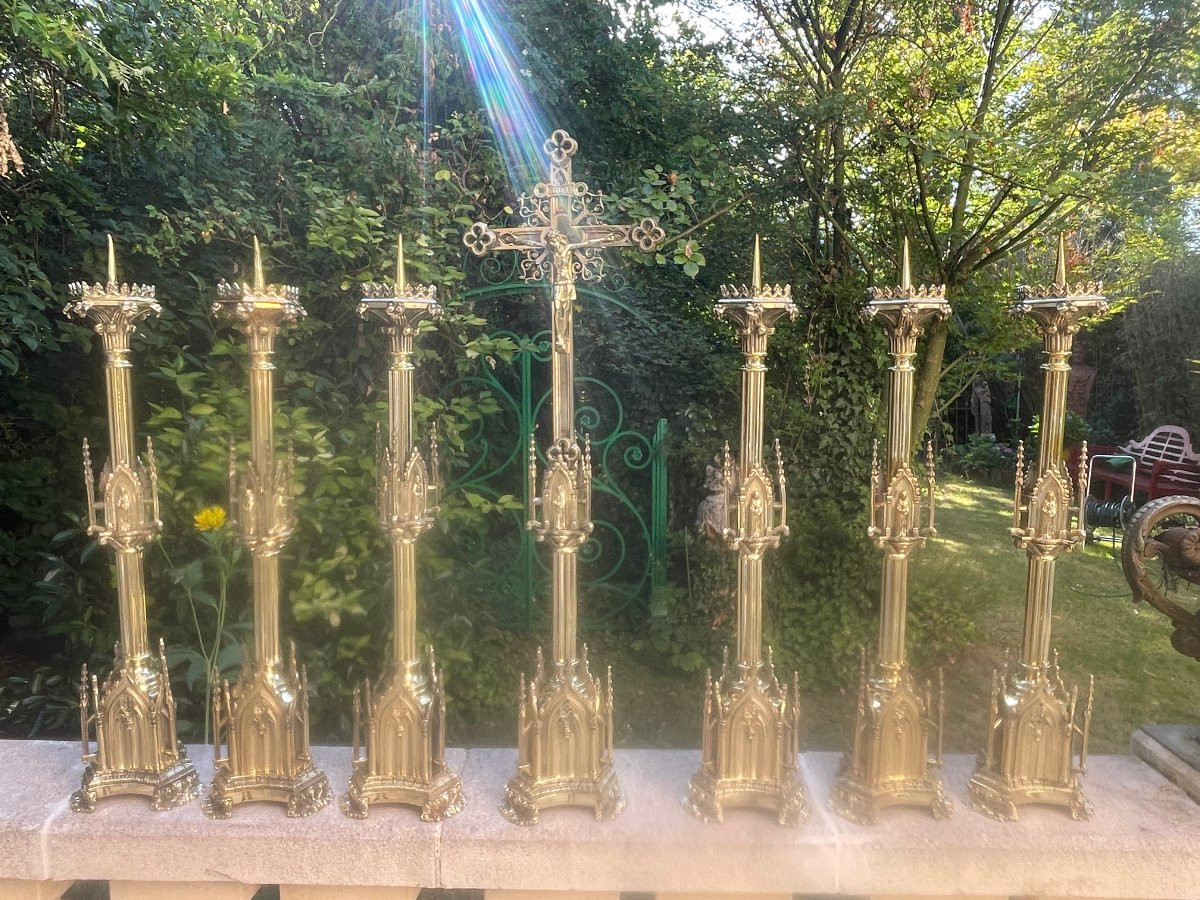 Complete Neo Gothic Gilt Bronze Altar Set-photo-4