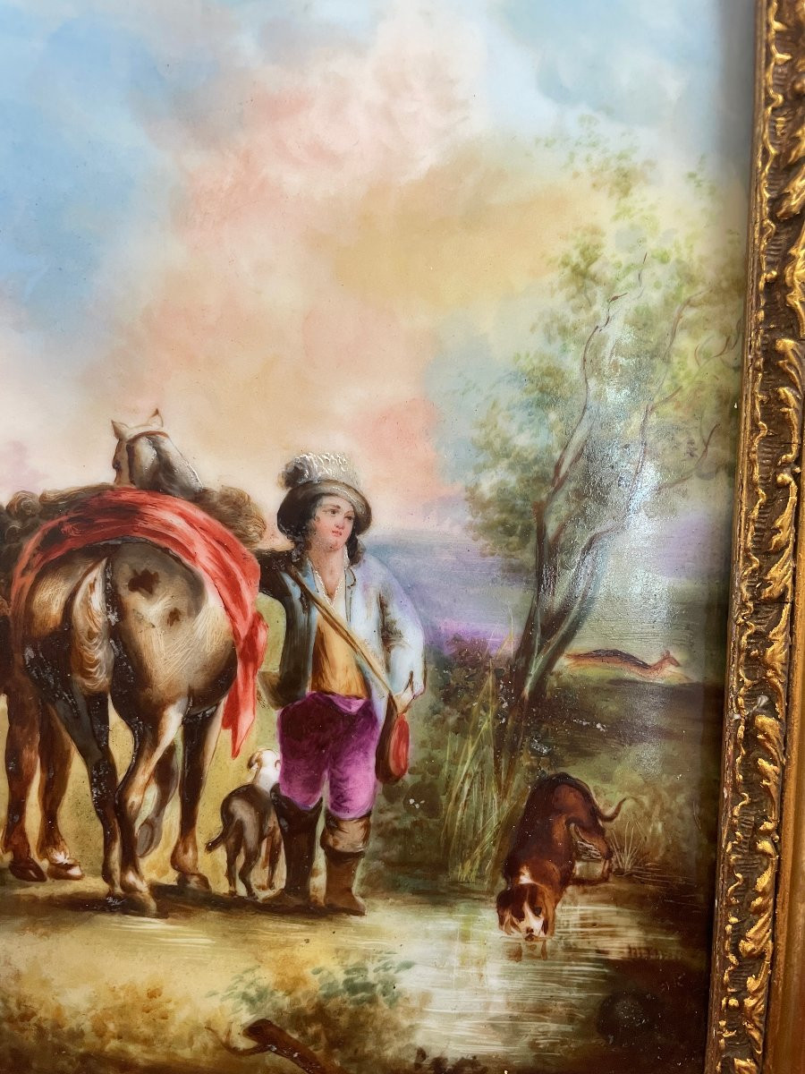 TABLEAU PEINTURE EMAILLEE SUR PORCELAINE  DEPART POUR LA CHASSE-photo-3