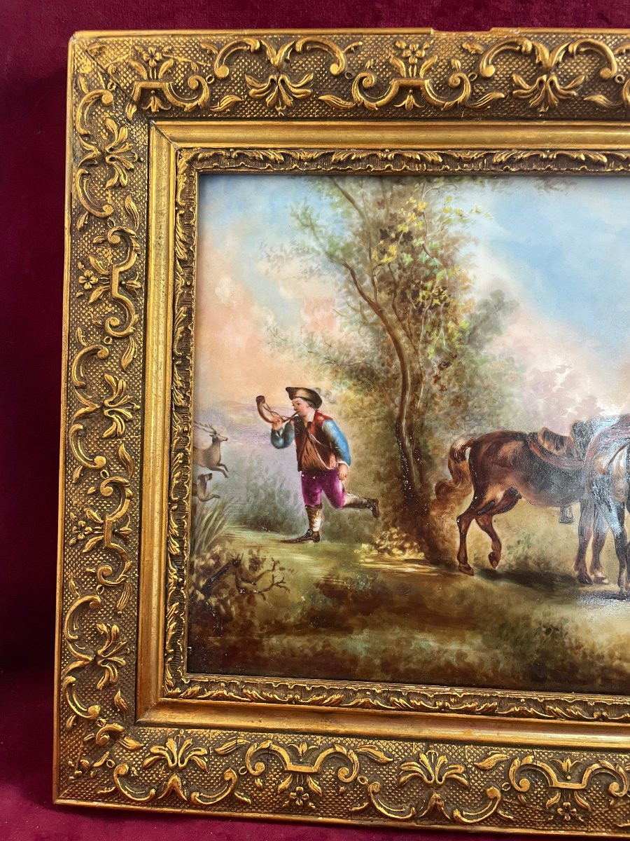 TABLEAU PEINTURE EMAILLEE SUR PORCELAINE  DEPART POUR LA CHASSE-photo-2