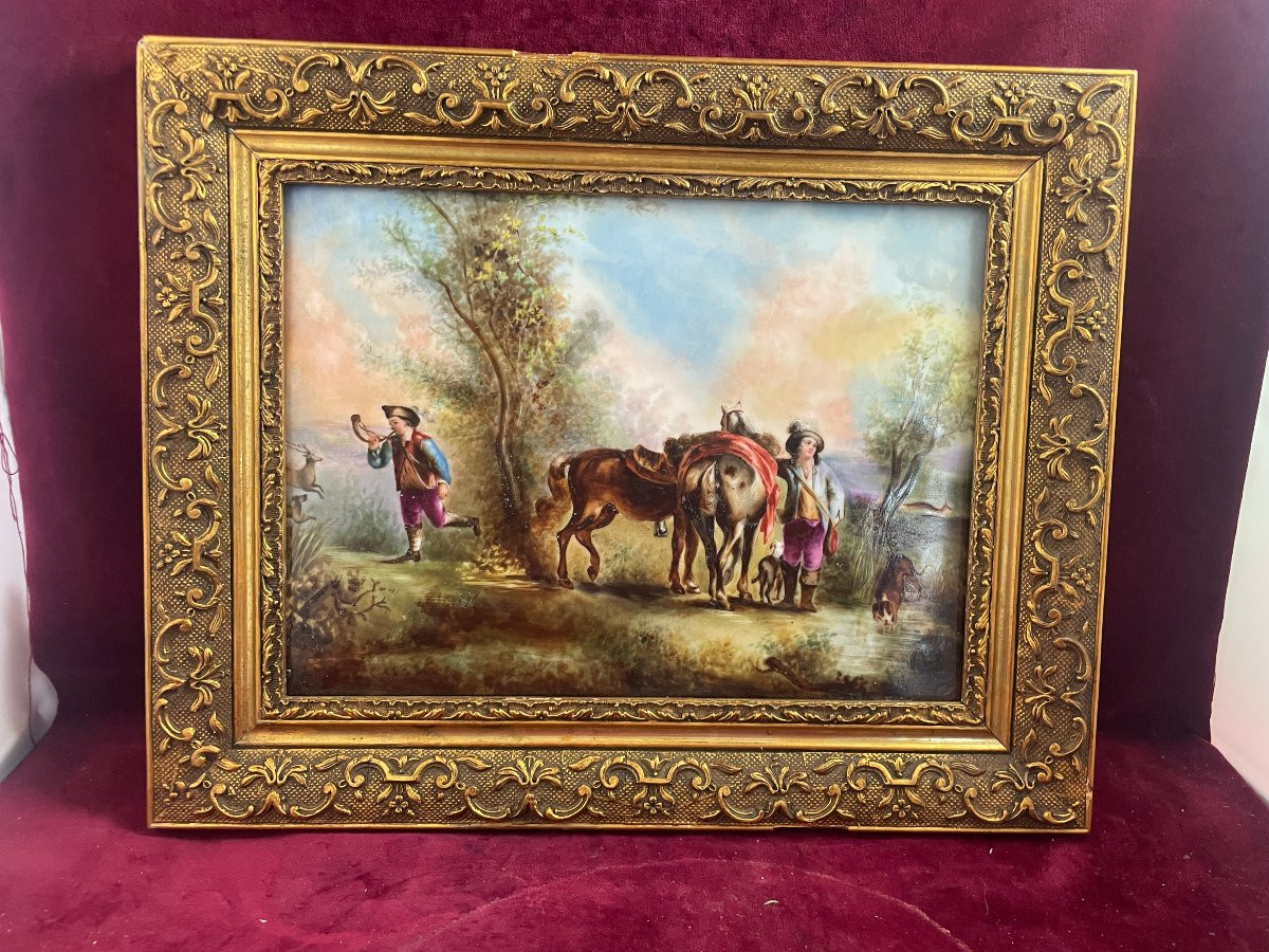 TABLEAU PEINTURE EMAILLEE SUR PORCELAINE  DEPART POUR LA CHASSE-photo-3