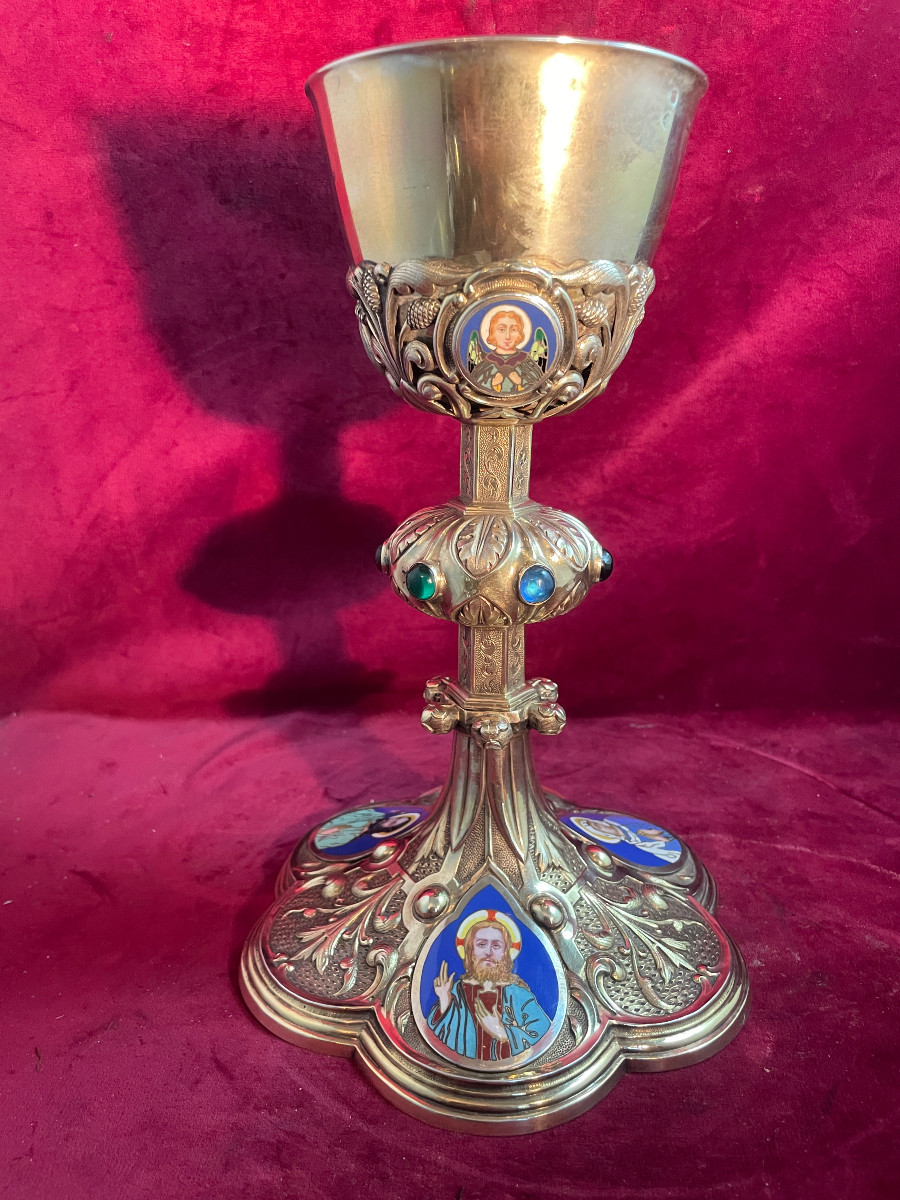 CALICE EN ARGENT VERMEIL AVEC EMAUX  DEJEAN AVEC SA PATENE