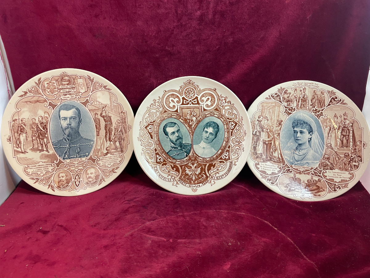 Three Sarreguemines Plates Tsar And Tsarina Nicholas Ii