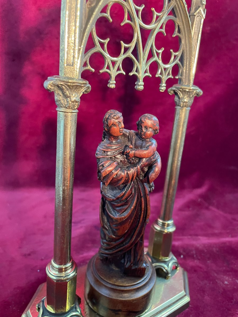 VIERGE A L ENFANT EN NOYER  DAIS NEO GOTHIQUE BRONZE-photo-2