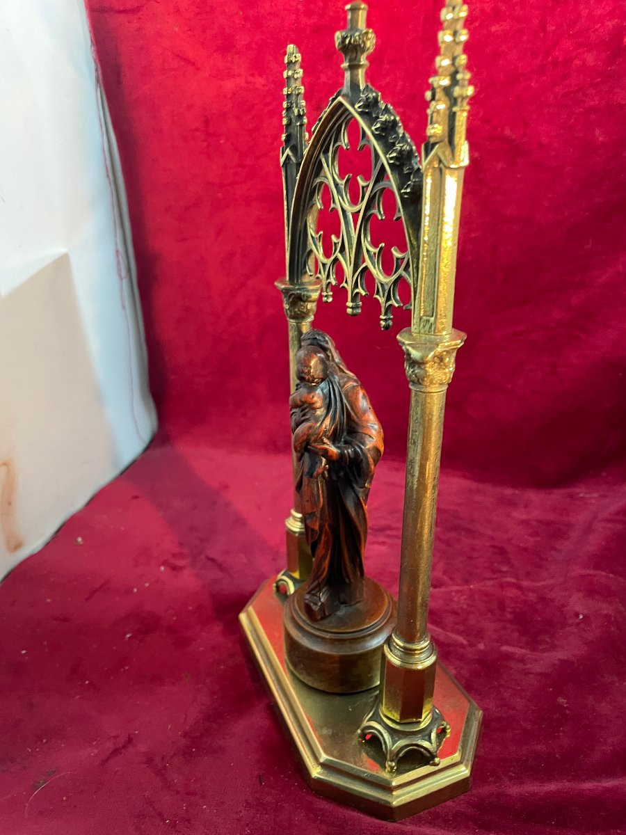 VIERGE A L ENFANT EN NOYER  DAIS NEO GOTHIQUE BRONZE-photo-3