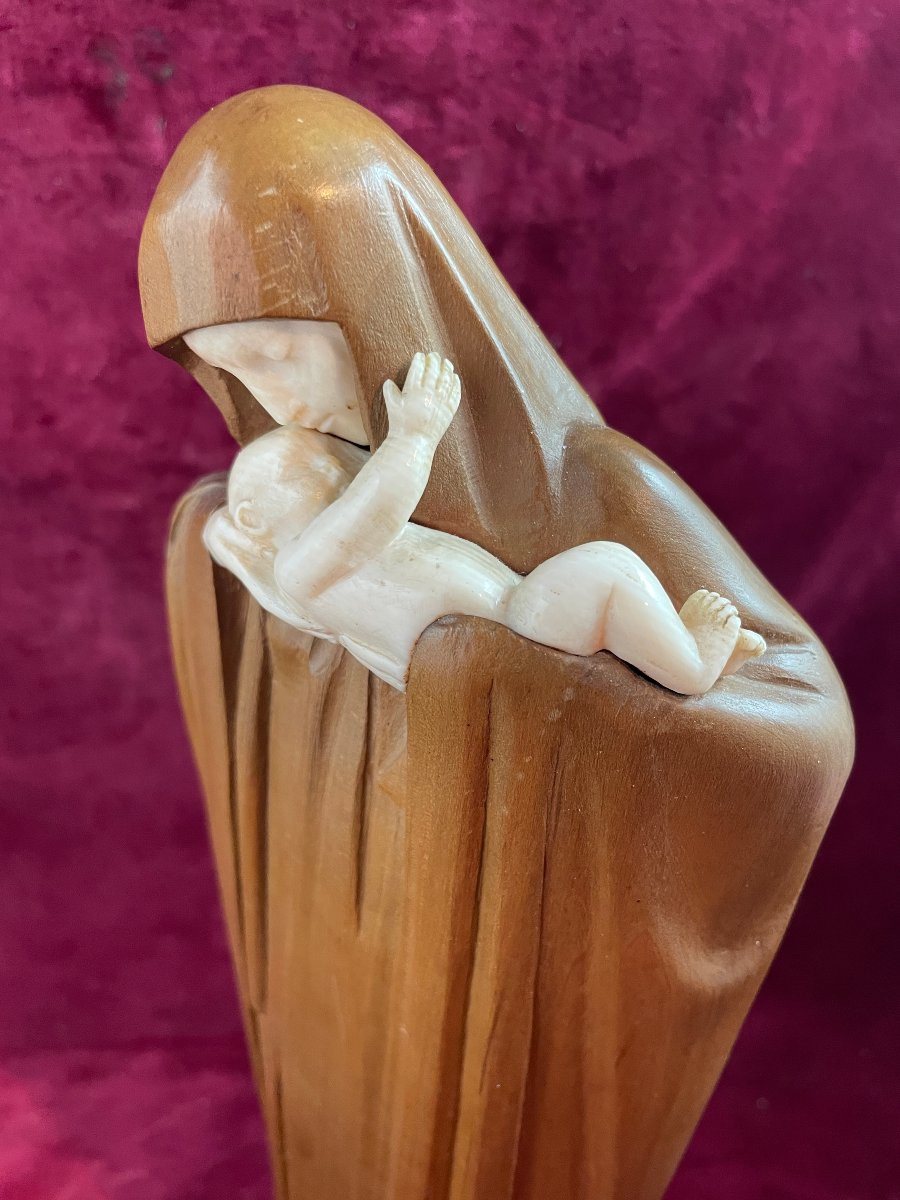 Virgin And Child Mahogany And Ivory Heuvelmans Chriselephantine Art Deco-photo-4
