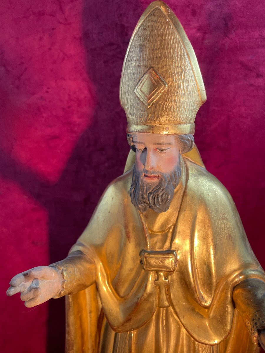 Bishop And His Polychrome Gilt Wood Cross-photo-2