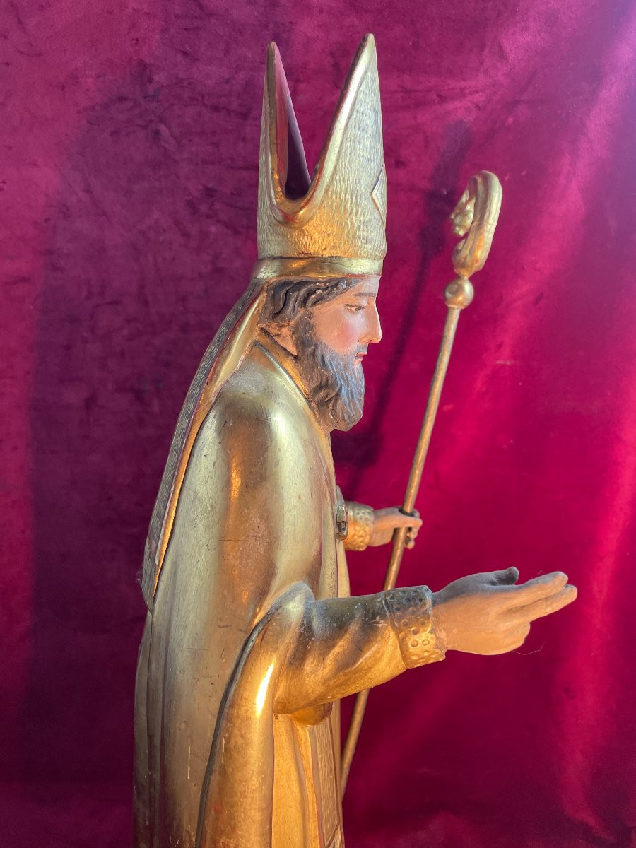 Bishop And His Polychrome Gilt Wood Cross-photo-3