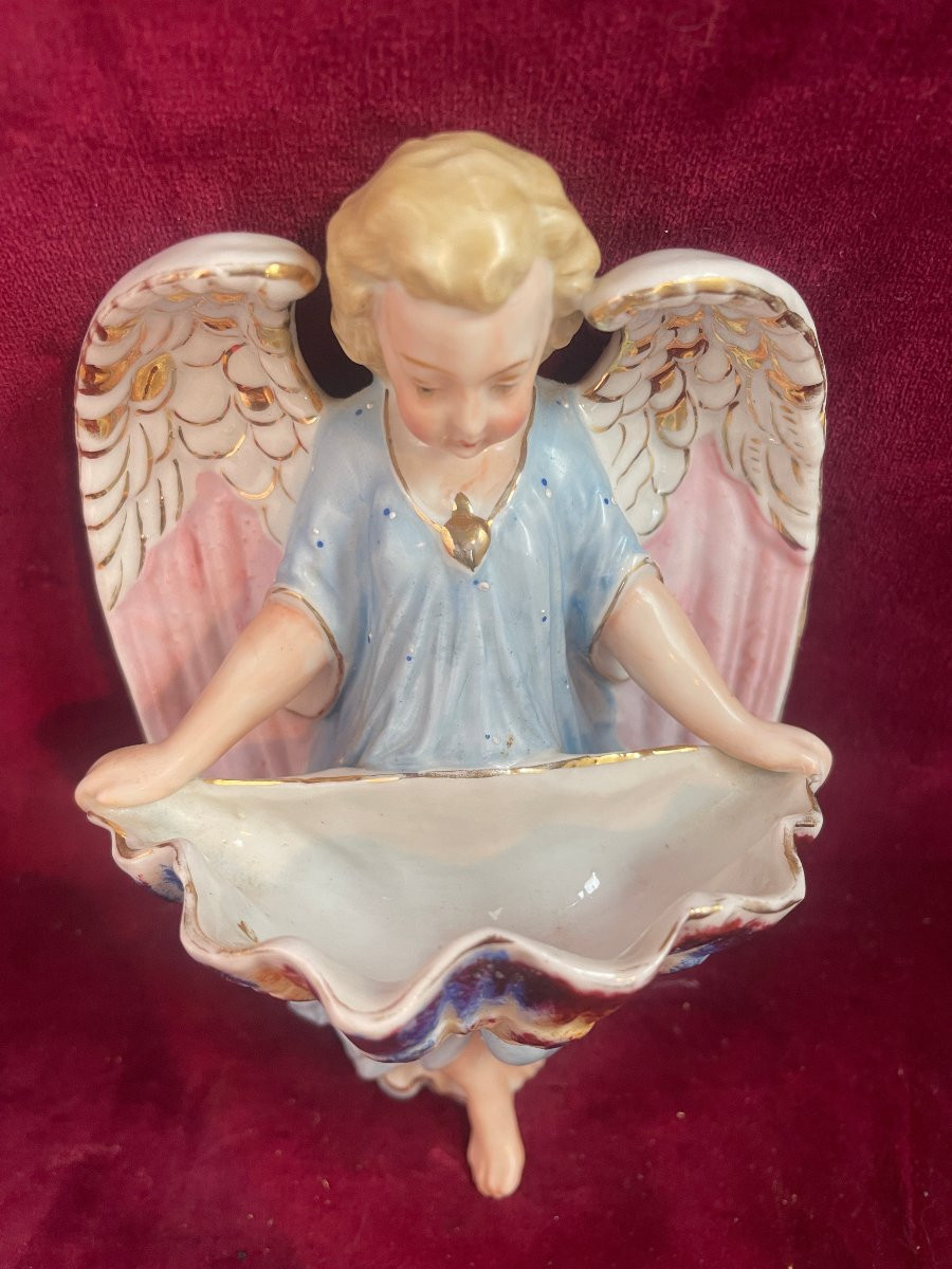 BENITIER EN PORCELAINE ANGE BLEU-photo-2