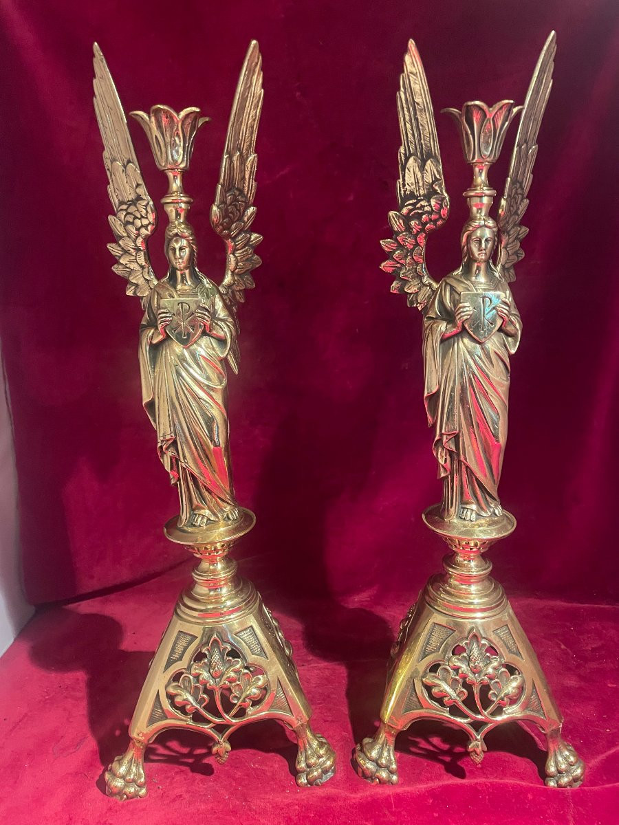 PAIRE DE CHANDELIERS BRONZE DORE ANGES-photo-1
