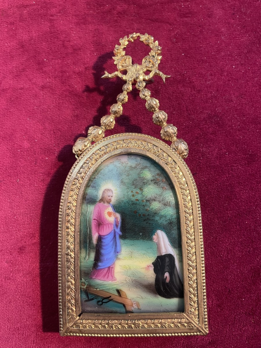 MEDAILLON MARGUERITE MARIE ET SACRE COEUR PORCELAINE PEINTE