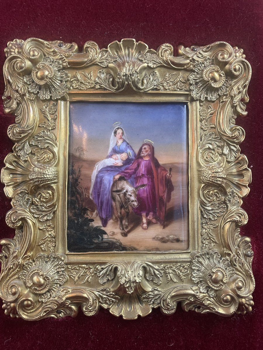 FUITE EN EGYPTE PORCELAINE PEINTE CADRE LAITON DORE-photo-2