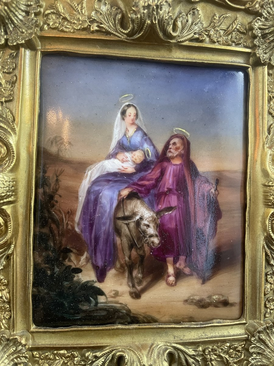 FUITE EN EGYPTE PORCELAINE PEINTE CADRE LAITON DORE-photo-3