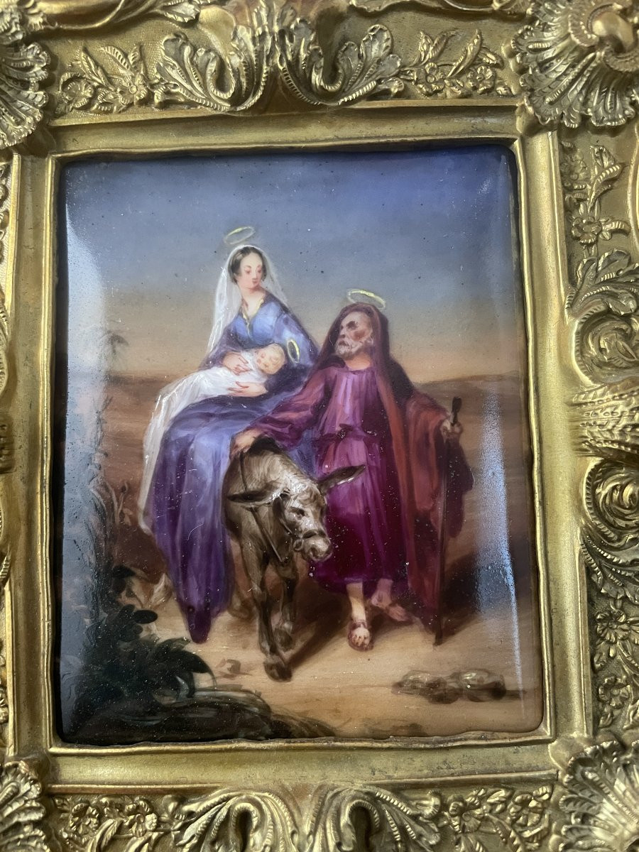 FUITE EN EGYPTE PORCELAINE PEINTE CADRE LAITON DORE-photo-3