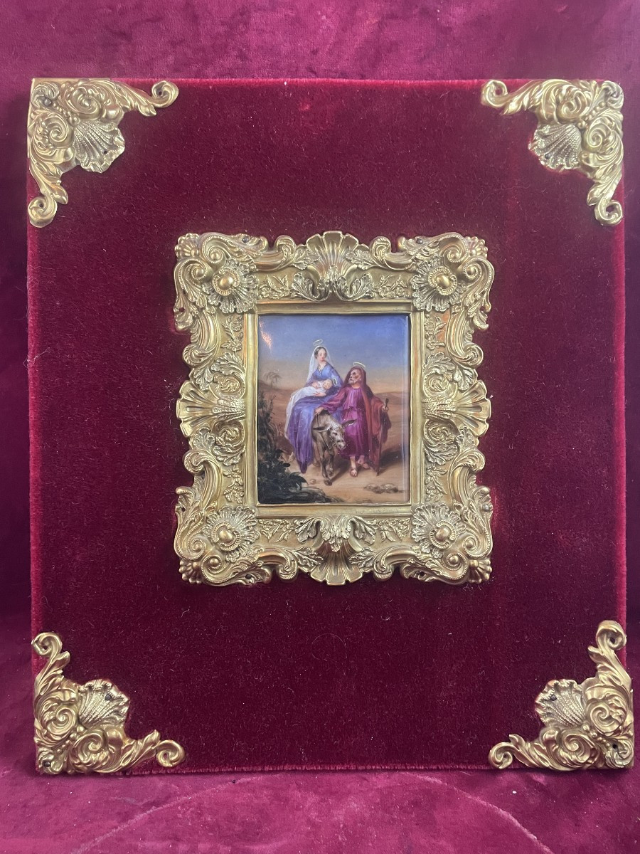 FUITE EN EGYPTE PORCELAINE PEINTE CADRE LAITON DORE