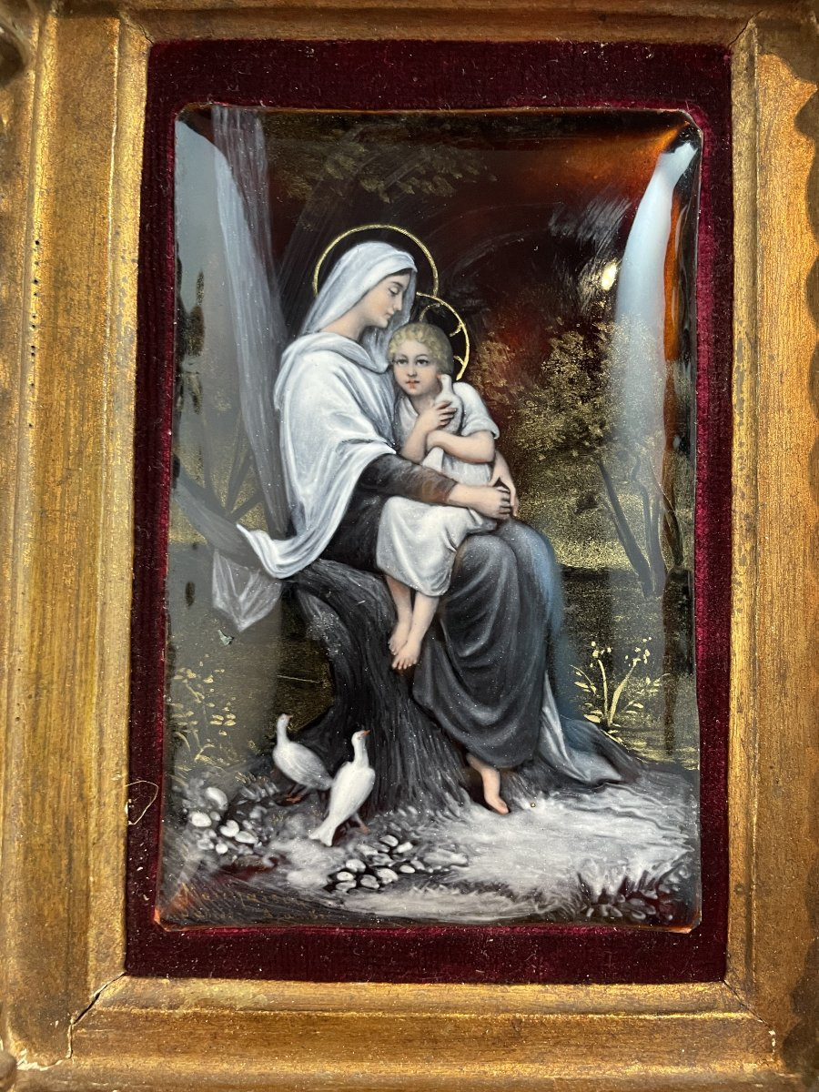 EMAIL DE LIMOGES VIERGE A L ENFANT  CADRE RENAISSANCE-photo-2