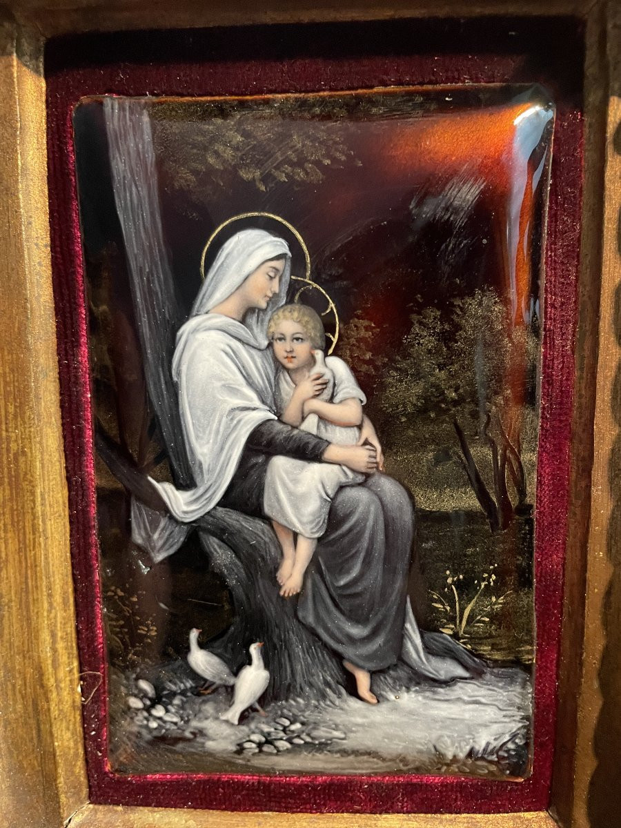 EMAIL DE LIMOGES VIERGE A L ENFANT  CADRE RENAISSANCE-photo-3