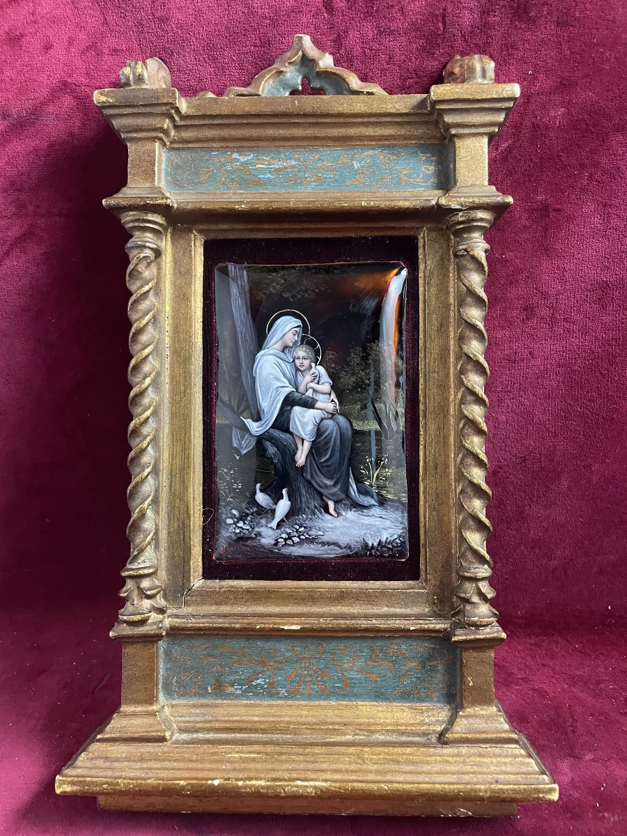 EMAIL DE LIMOGES VIERGE A L ENFANT  CADRE RENAISSANCE