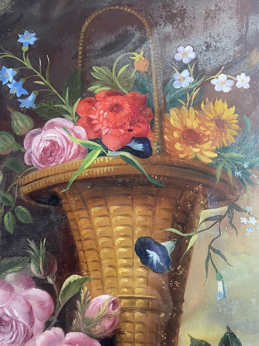 Large Under-glass Painting Of Roses And Flowers-photo-2