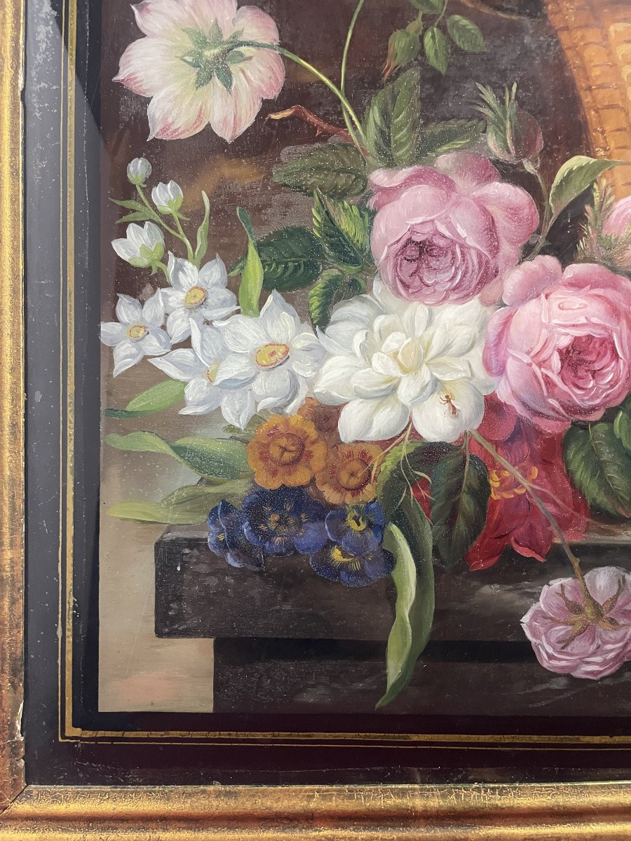 Large Under-glass Painting Of Roses And Flowers-photo-3
