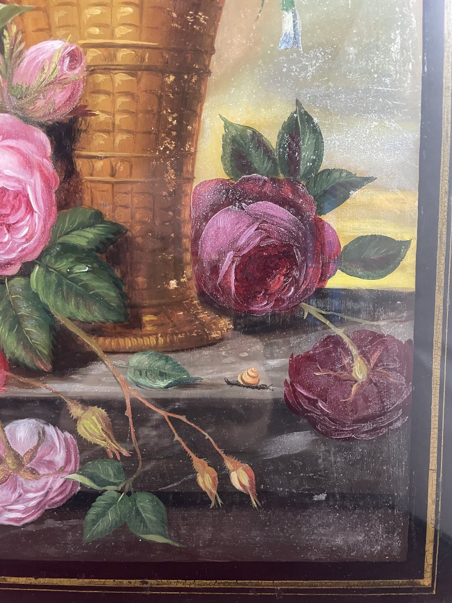 Large Under-glass Painting Of Roses And Flowers-photo-4