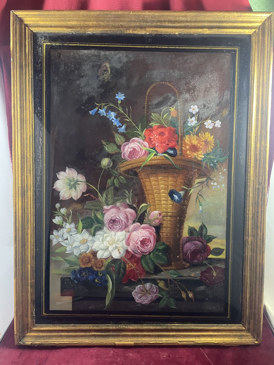 Large Under-glass Painting Of Roses And Flowers-photo-1