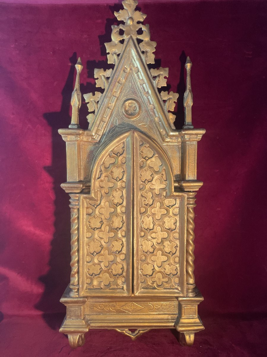 Gilded Florentine Neo-gothic Triptych Virgin Mary-photo-3