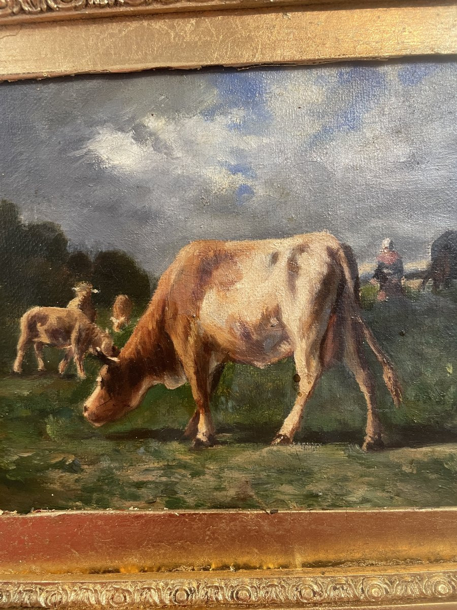 PAIRE DE TABLEAUTINS  VACHES DANS LE PRE SIGNE BROQUELET -photo-4