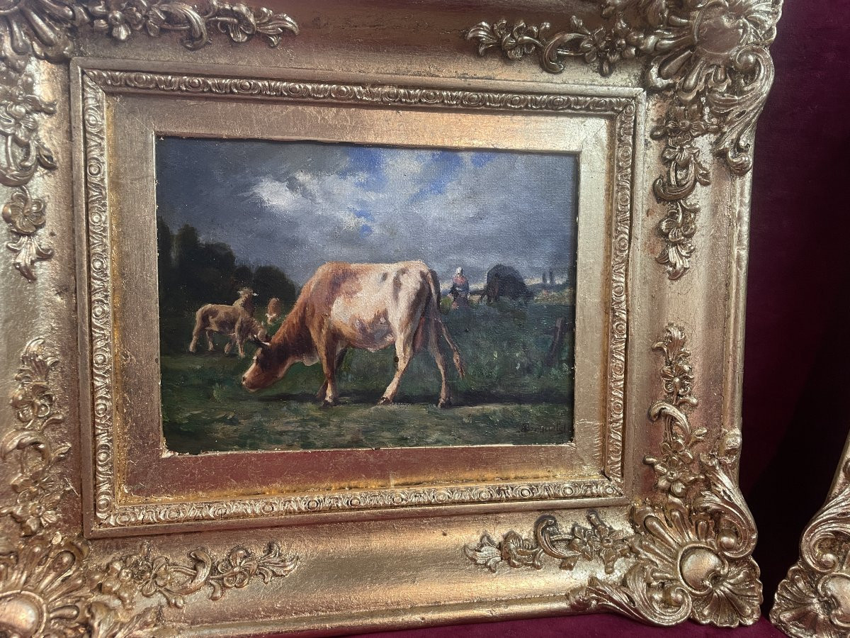 PAIRE DE TABLEAUTINS  VACHES DANS LE PRE SIGNE BROQUELET -photo-1