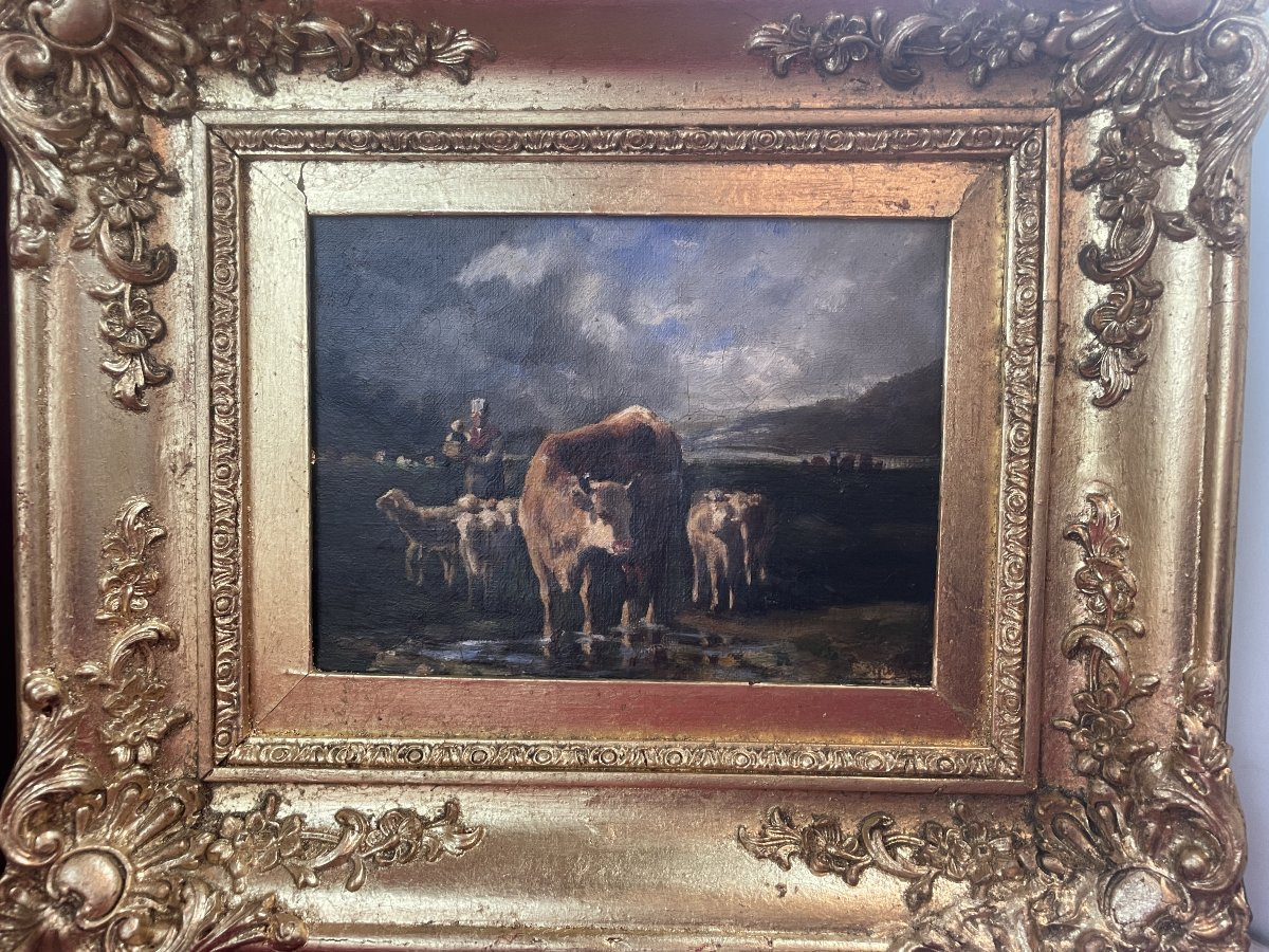 PAIRE DE TABLEAUTINS  VACHES DANS LE PRE SIGNE BROQUELET -photo-2