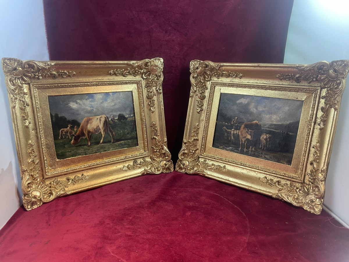 PAIRE DE TABLEAUTINS  VACHES DANS LE PRE SIGNE BROQUELET 