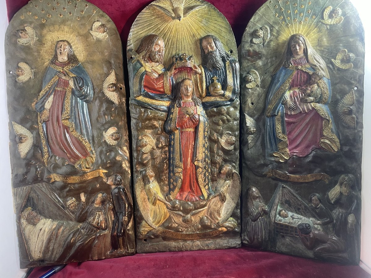 TRIPTYQUE PLAQUES BRONZE PEINTES 18 EME SIECLE -photo-2