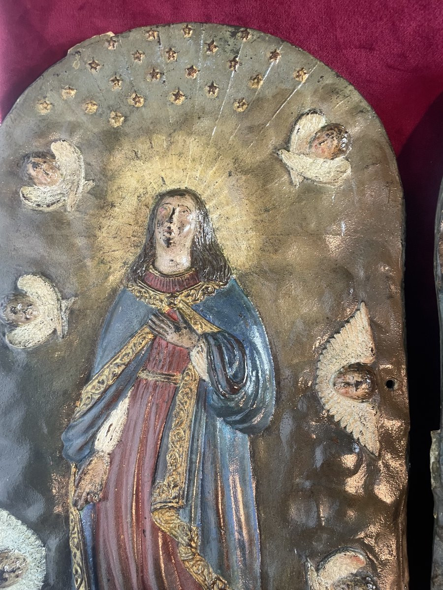 TRIPTYQUE PLAQUES BRONZE PEINTES 18 EME SIECLE -photo-3