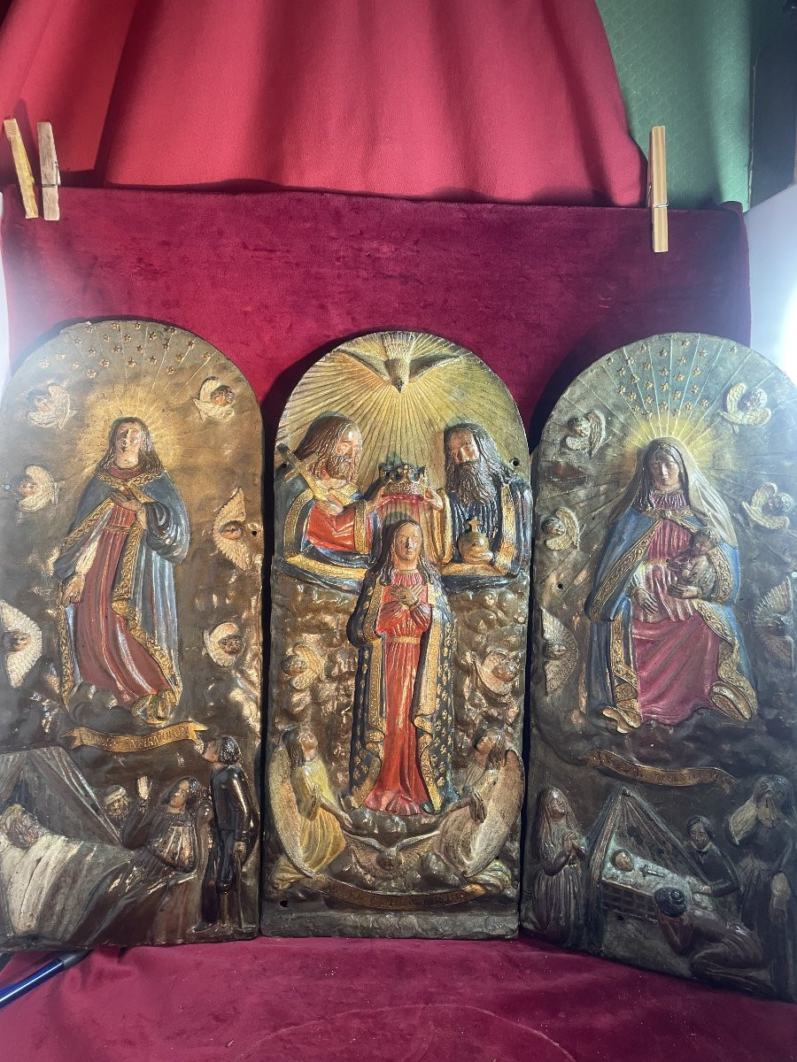 TRIPTYQUE PLAQUES BRONZE PEINTES 18 EME SIECLE -photo-6