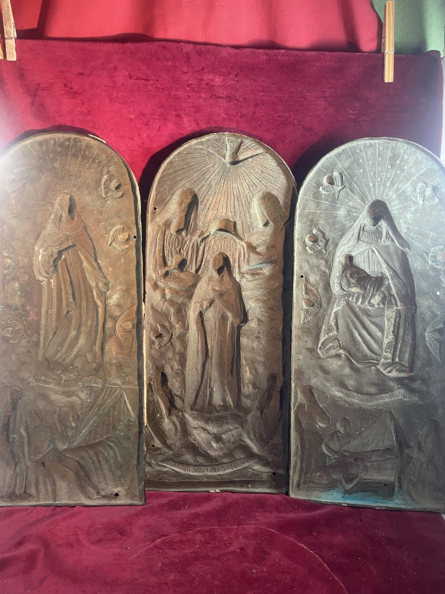 TRIPTYQUE PLAQUES BRONZE PEINTES 18 EME SIECLE -photo-8