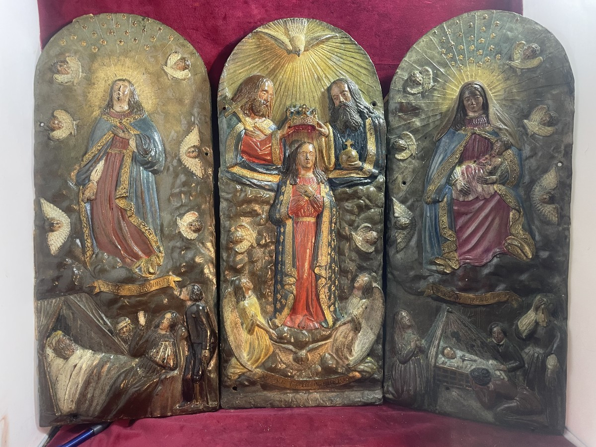 TRIPTYQUE PLAQUES BRONZE PEINTES 18 EME SIECLE 