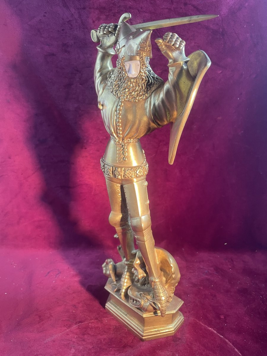 SAINT GEORGES TERRASSANT LE DRAGON BRONZE DORE CHRISELEPHANTIN-photo-2