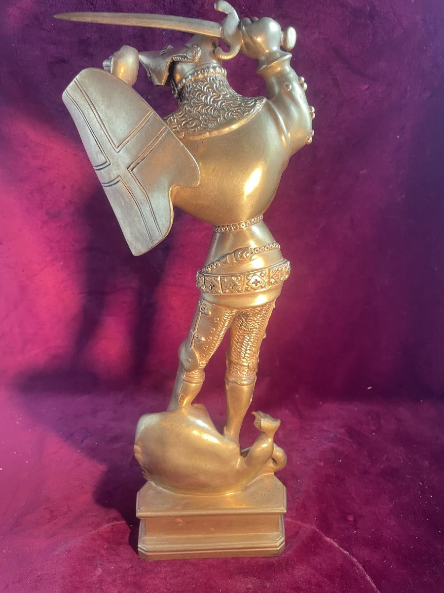SAINT GEORGES TERRASSANT LE DRAGON BRONZE DORE CHRISELEPHANTIN-photo-3